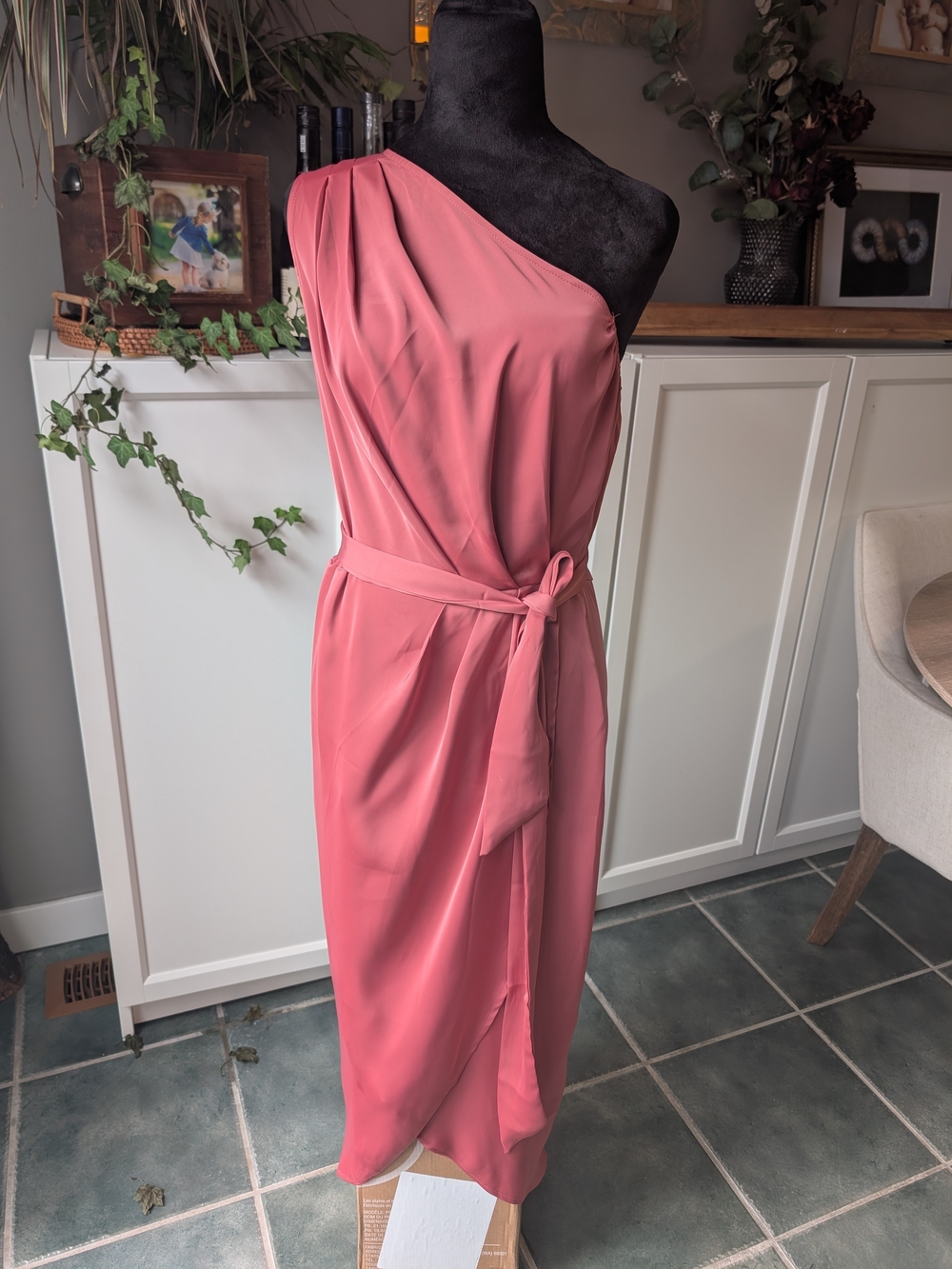 One Shoulder Coral Dusty Pink Draped Midi Dress with Waist Tie